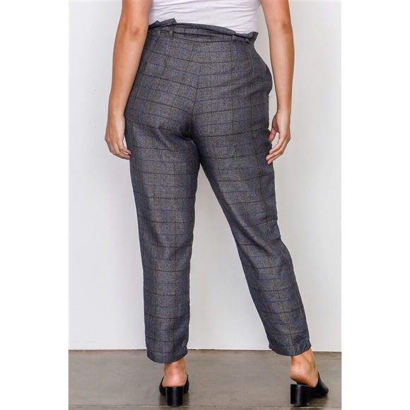 PLUS SIZE GREY PLAID FRILL WAIST BELTED PANTS - Picture 4 of 6